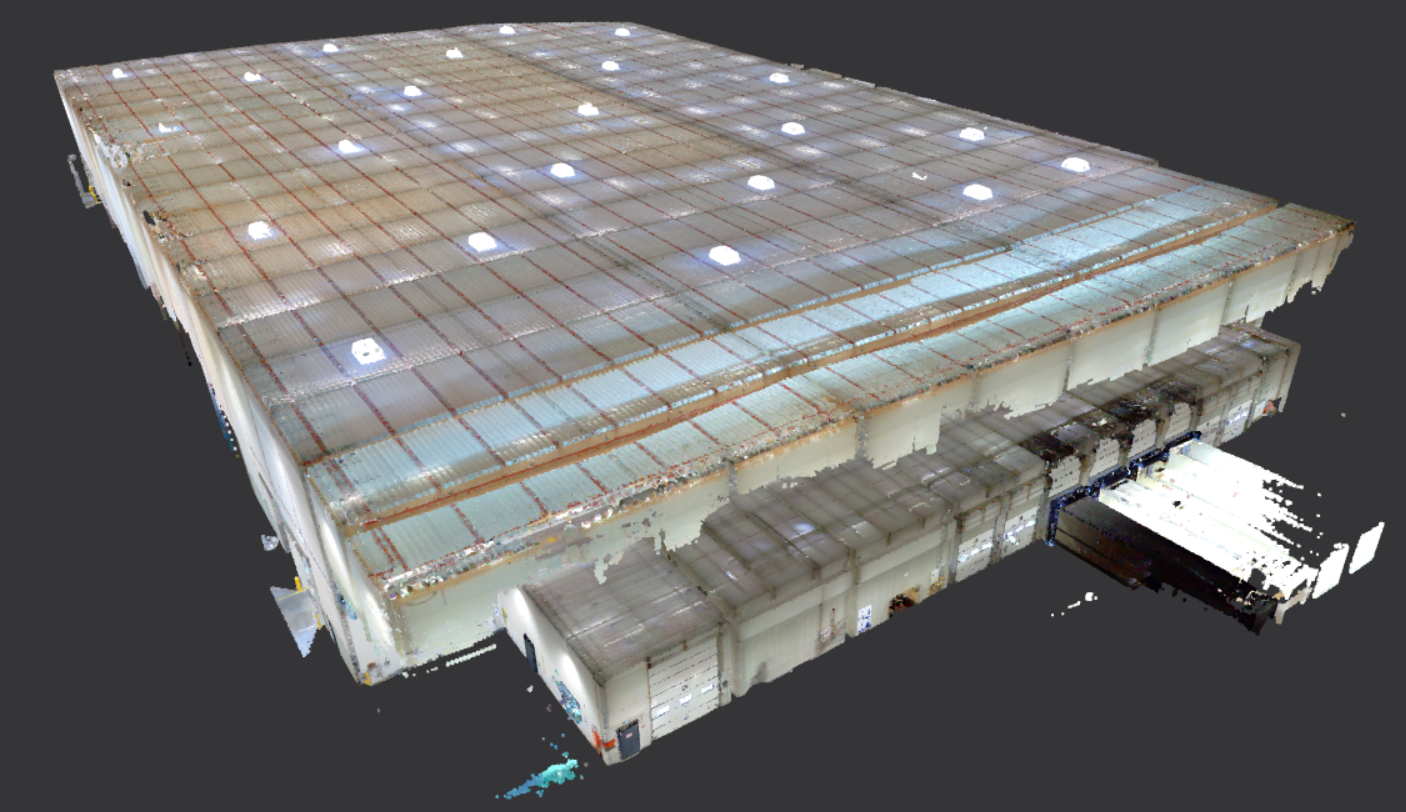 3D-Punktwolke einer gescannten Lagerhalle als digitaler Zwilling